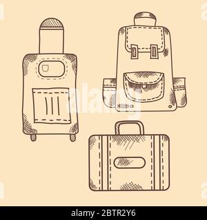 Dessin manuel vectoriel. Vintage. Pictogramme, icône, bagage, sac à dos avec poches, valise, sur roues Illustration de Vecteur