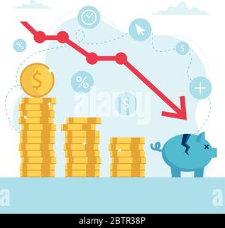 Concept de crise économique, baisse du graphique boursier, perte d'argent. Illustration vectorielle de style plat Illustration de Vecteur