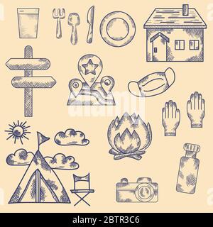 Jeu de dessins vectoriels dessiné à la main. Vintage. Collection Doodle de voyage Illustration de Vecteur