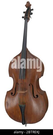 Contrebasse acoustique droite appartenant à Stanley Clarke. Basses verticales avec quatre (4) cordes. Faites défiler l'écran vers le haut avec des crochets noirs, des tuners et des touches de syntonisation. Selle au fond en bois noir. Les cordes d'acier au fond sont liées avec des fibres vertes. Les basses sont bien droites sur une extrémité. Banque D'Images