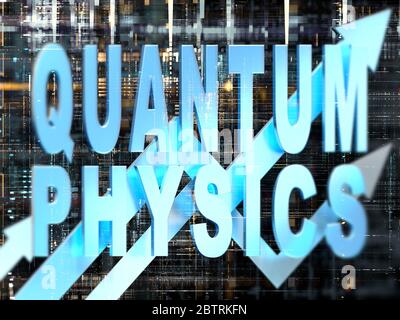 Graphique d'affaires DE PHYSIQUE QUANTIQUE avec des flèches vers le haut, arrière-plan électronique Banque D'Images