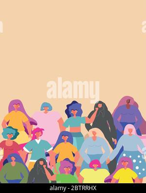 Ensemble de femmes diverses, puissance des filles, féminisme. Tiré à la main. Conception plate. Concept, élément pour carte de jour pour femme, Illustration de Vecteur