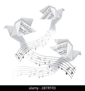 Trois Origami colombes avec des notes musicales. Illustration stylisée de pigeons en papier sur une vague avec des notes musicales. Motif musical poétique. Vecteur disponible. Illustration de Vecteur