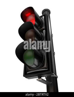 Gros plan sur un feu de circulation, le feu rouge est allumé, isolé sur fond blanc Banque D'Images