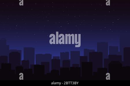 Nuit silhouette de ville. Horizon urbain bleu foncé. Vue sur la ville, bâtiments dans le brouillard. Ciel étoilé et panorama sur la rue. Ville et étoiles. Vecteur Illustration de Vecteur