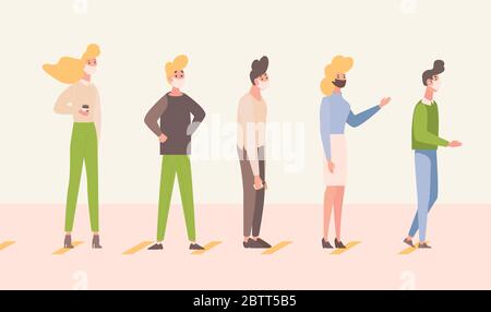 Les gens se tiennent dans la ligne et maintiennent l'illustration du vecteur de distance sociale à plat. Les hommes et les femmes qui se trouvent dans des masques médicaux doivent rester à distance pour protéger le coronavirus. Maintenir la distance sociale pour prévenir la propagation du virus. Illustration de Vecteur