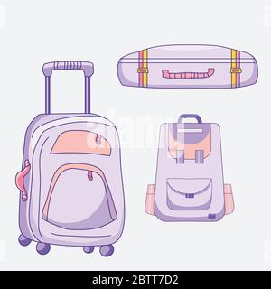 Images vectorielles de bagages. Différentes valises - fermées, debout sur roues et un sac à dos de voyage en violet et rose Illustration de Vecteur