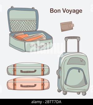 Ensemble de photos vectorielles de différents types de bagages pour le voyage. Une valise sur roues, repose et ouvert avec des choses, un portefeuille. Bon voyage. Illustration de Vecteur