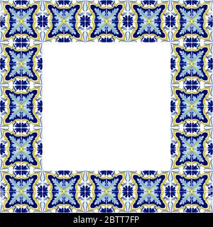 Les azulejos portugais carlinés de mosaïque. Décoration traditionnelle mosaïque portugaise. Œuvres d'art bleu et jaune aquarelle. Céramique antique tileable, patrimoine. Panneau peint avec motif fleuri Banque D'Images