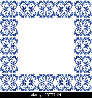 Cadre en carreaux portugais Azulejos. Décoration traditionnelle portugaise mosaïque. Bordure bleue aquarelle. Céramique antique tiléable, patrimoine. Panneau peint ancien avec motif floral Banque D'Images