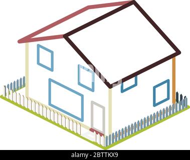 Maison isométrique simple avec cour et clôture de piquetage Illustration de Vecteur