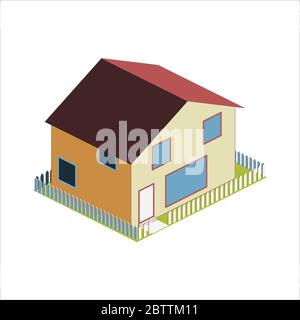 Maison isométrique simple avec cour et clôture de piquetage Illustration de Vecteur