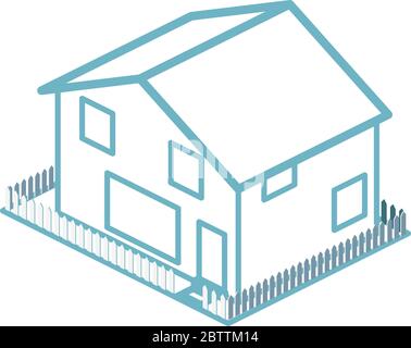 Maison isométrique simple avec cour et clôture de piquetage Illustration de Vecteur