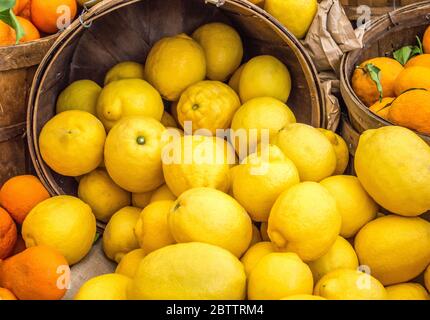 plein cadre gros plan de citrons juteux mûrs et d'oranges dans des seaux en bois sur un marché agricole local Banque D'Images