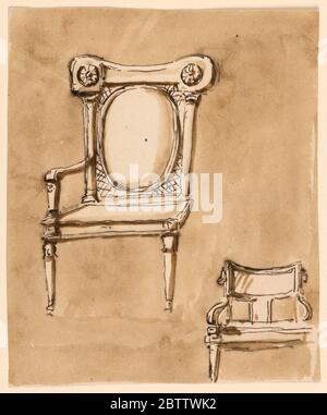 Chaises. Recherche en ProgressAt gauche est un fauteuil, vu du coin gauche; le bras gauche est omis, ainsi que les jambes arrière. Le dos est un grand ovale rembourré encadré latéralement par des colonnes, soutenant une sorte d'entablature courbée. Banque D'Images