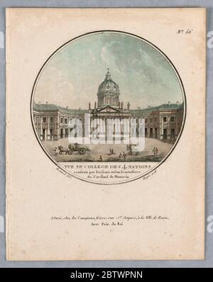 Le Collège des quatre Nations plaque 56 de la Vues Pittoresques des Princepaux Difices de Paris. Recherche en progressRegardez la cour et l'entrée au Collège des quatre nations; les wagons et les figures au premier plan. Titre, noms des artistes et des éditeurs ci-dessous. Banque D'Images