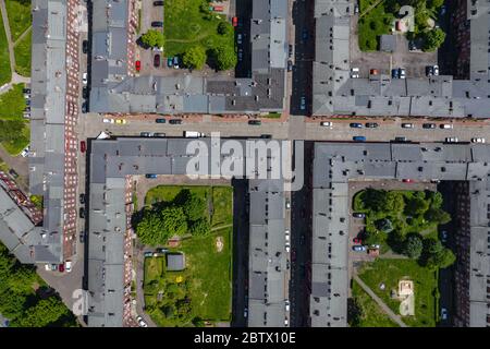 Vue aérienne sur Nikiszowiec, quartier historique de Katowice, haute Silésie, Pologne. Banque D'Images