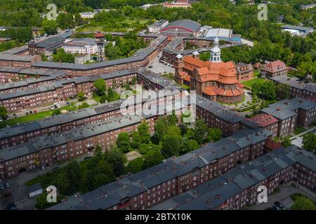 Vue aérienne sur Nikiszowiec, quartier historique de Katowice, haute Silésie, Pologne. Banque D'Images