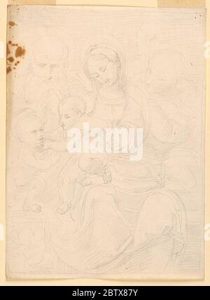 La Sainte famille Saint Jean-Baptiste et un autre Saint. Recherche en progressLa Vierge est assise, vue frontally, l'enfant sur sa jambe droite. Elle a sa main gauche sur son épaule gauche, tandis qu'il touche Saint John qui s'agenouille sur un piédestal décoré. En arrière-plan, à gauche, un Saint barbu orarant, à droite, Saint Joseph. Banque D'Images