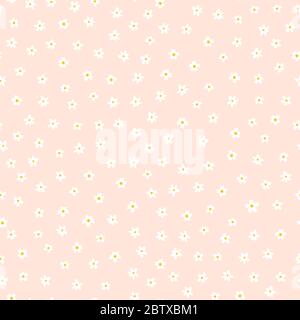 Fond vectoriel sans couture à fleurs blanches. Motif floral avec petites fleurs blanches sur rose clair. Style Liberty. Texture à répétition florale pour Illustration de Vecteur