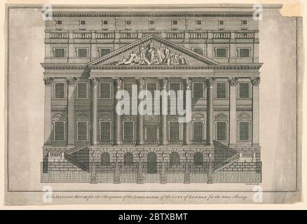 Le Mansion House de Londres. Recherche en progressélévation principale de la Maison, résidence officielle du Lord Mayor de Londres. Marging inscrit en bas à droite: 'B. Cole Scups.'; ci-dessous: 'La MAISON DE L'ACCUEIL de l'Éternel MAIRE de la VILLE DE LONDRES pour le moment.' Banque D'Images