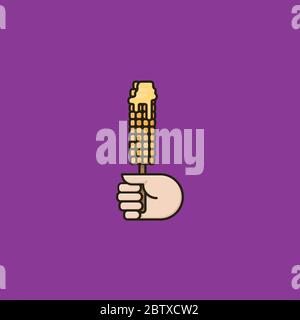 Main tenant le maïs sur l'épi avec illustration du vecteur de beurre fondu pour le maïs le jour de l'épi le 11 juin. Symbole snack chaud. Illustration de Vecteur