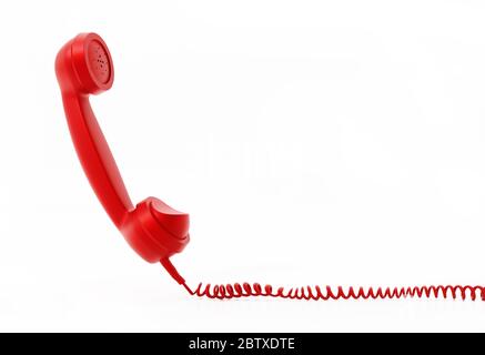 Récepteur de téléphone vintage rouge et fil isolé sur fond blanc. Illustration 3D. Banque D'Images