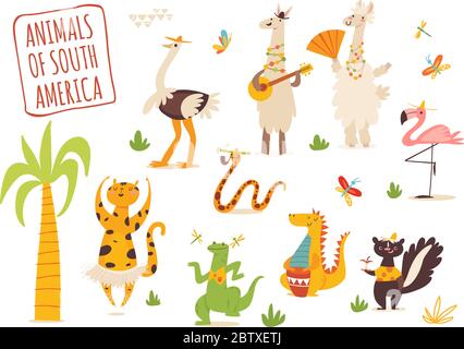 Ensemble vectoriel de dessin animé drôle animaux tropicaux dessinés à la main. Illustration de Vecteur