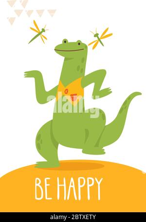 Vecteur drôle dessin animé main être carte heureuse avec lézard dansant. Illustration de Vecteur