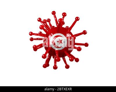 Un modèle de rendu 3d du coronovirus avec le nom Covid-19 avec le drapeau peint de la Tunisie et isolé sur un fond blanc. Le concept de la propagation Banque D'Images