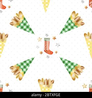 Arrière-plan sans couture à motif vectoriel de noix d'amande. Confiseries dorées grillées dans des sacs en papier Vichy, des bas de fête et des bas étoiles sur du blanc Illustration de Vecteur