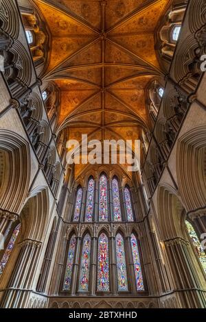 Un plafond voûté décoré et des vitraux la Chapelle des dames de la cathédrale de Worcester, Worcestershire, Angleterre Banque D'Images