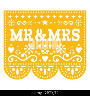 M. et Mme Papel Picado vecteur carte de mariage conception, papier mexicain découpe décoration avec fleurs Illustration de Vecteur