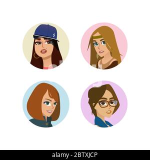 Avatars filles en cercle dans le style de dessin animé Illustration de Vecteur