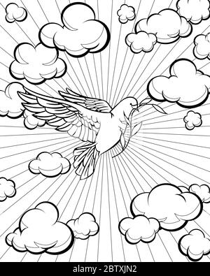 Dove dans la page de coloriage du ciel. Histoire de la Bible. Illustration de Vecteur