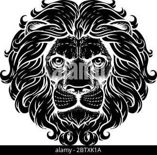 Lion Leo Fierce Lions Tête Woodscut Animal Icône Illustration de Vecteur