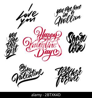 Ensemble de lettres pour la Saint-Valentin. Polices manuscrites sur fond blanc. Lettrage des cartes. Illustration de Vecteur