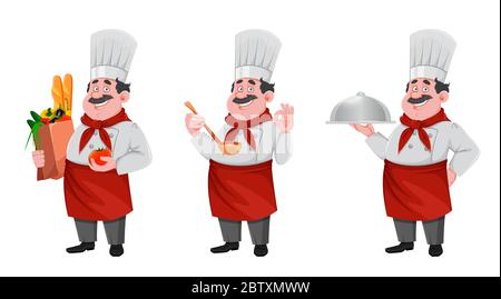 Beau personnage de chef, ensemble de trois poses. Cuisinier joyeux en uniforme professionnel. Illustration vectorielle Illustration de Vecteur