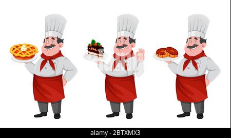 Beau personnage de chef, ensemble de trois poses. Cuisinez en uniforme professionnel et savourez des desserts sucrés. Illustration vectorielle Illustration de Vecteur