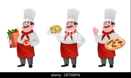 Beau personnage de chef, ensemble de trois poses. Cuisinier joyeux en uniforme professionnel. Illustration vectorielle sur fond blanc Illustration de Vecteur