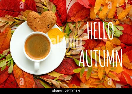 BONJOUR automne, feuilles d'automne, tasse de café chaude et chaude sur fond de table. En saison, café du matin, le dimanche relaxant et encore la vie. Lumineux Banque D'Images