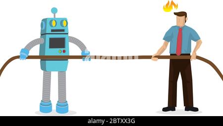 L'homme d'affaires lutte un remorqueur de guerre avec un robot android. Concept de concurrence d'entreprise ou de défi d'entreprise. Illustration vectorielle isolée. Illustration de Vecteur