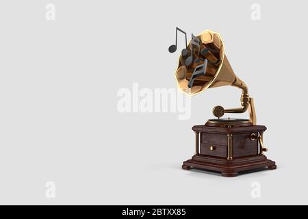 Gramophone doré rétro avec rendu 3D et notes de musique sur fond blanc isolé. Banque D'Images