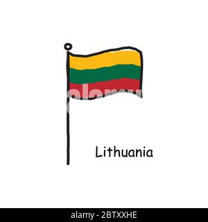 Drapeau de Lituanie esquissé à la main sur le mât du drapeau. Drapeau de trois couleurs . Illustration du vecteur de stock isolée sur fond blanc. Illustration de Vecteur