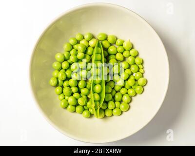 Un bol de petits pois fraîchement écossés avec une seule gousse pleine de petits pois du dessus sur fond blanc Banque D'Images