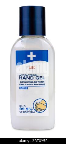 Gel antibactérien pour les mains dans un petit flacon compressible sur un fond blanc isolé Banque D'Images