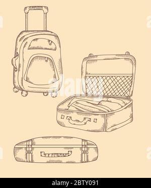 Voyage. Différents types de valises, ouvertes, fermées, montées sur roues. Ensemble de vecteur de vacances dessinées à la main, traits, vintage. Tous les éléments sont isolés Illustration de Vecteur