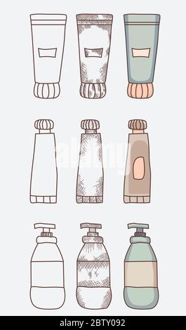 Produits d'entretien cosmétiques, crème, bouteilles. Différentes options de conception : contour, ombrage, vintage, contour et couleur. Illustration vectorielle Illustration de Vecteur