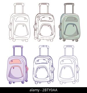 Voyage. La valise est sur roues. Différentes options de conception : contour, ombrage, vintage, contour et couleur. Illustration vectorielle Illustration de Vecteur