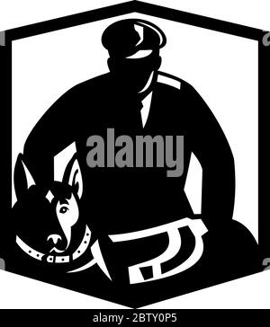 Illustration d'un policier de la Garde de sécurité canine avec chien de police avec face avant ensemble à l'intérieur de la crête du bouclier sur un arrière-plan isolé fait Illustration de Vecteur